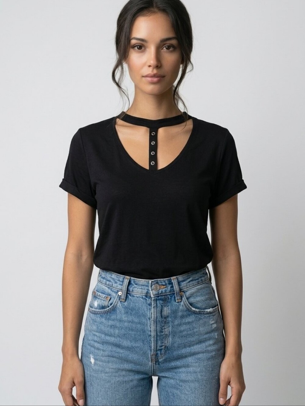 Black Cutout Choker Tee - Grommet Snap Detail Short Sleeve Top XSmall